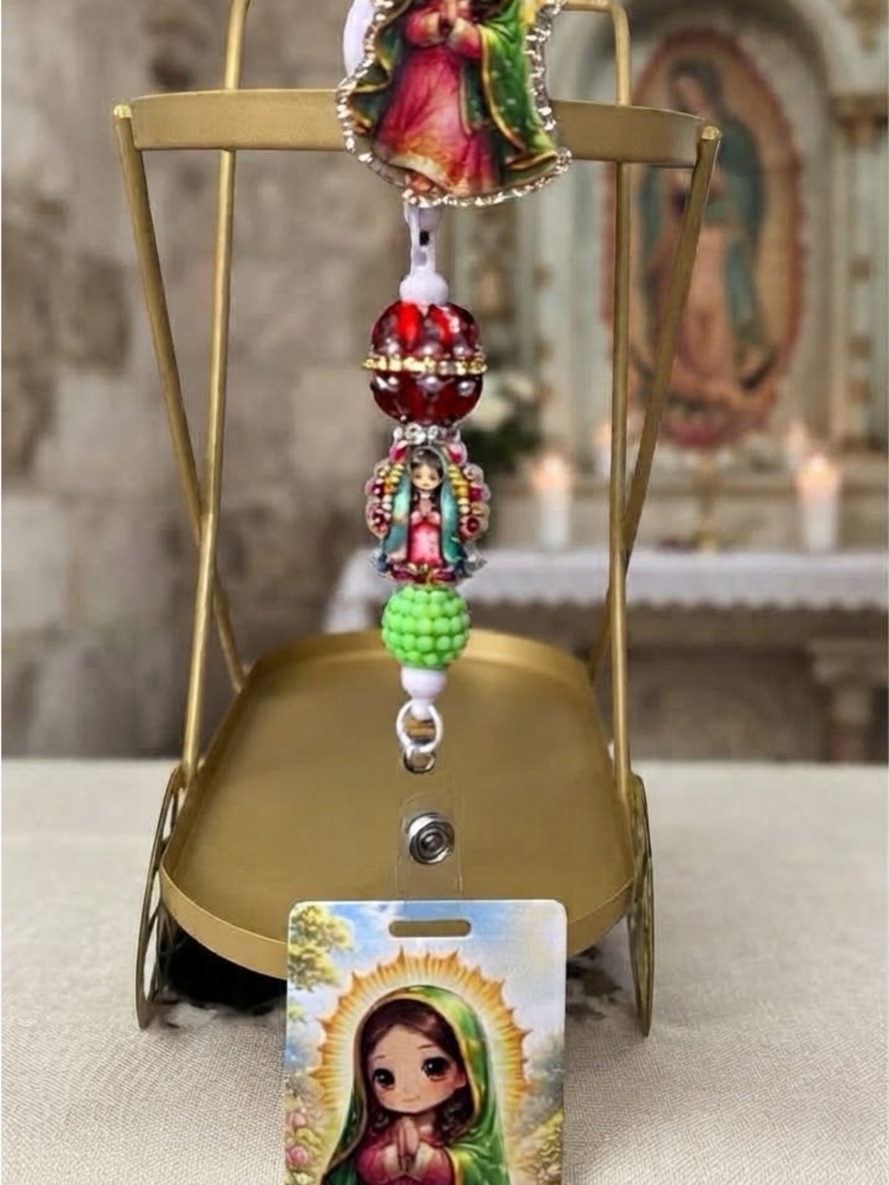 Kids Religious Badge Reel with Green and Red Beads